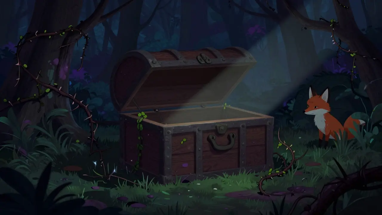 Mysterious open treasure chest in a dark forest with a skeptical fox