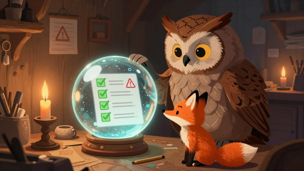 Owl teaching fox about crypto safety using a crystal orb checklist
