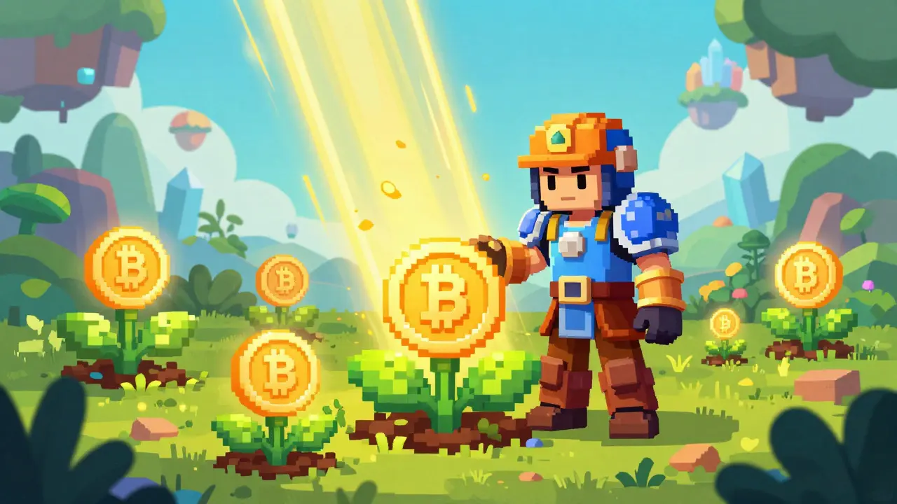 Pixel art hero farming glowing crypto tokens in a magical garden setting