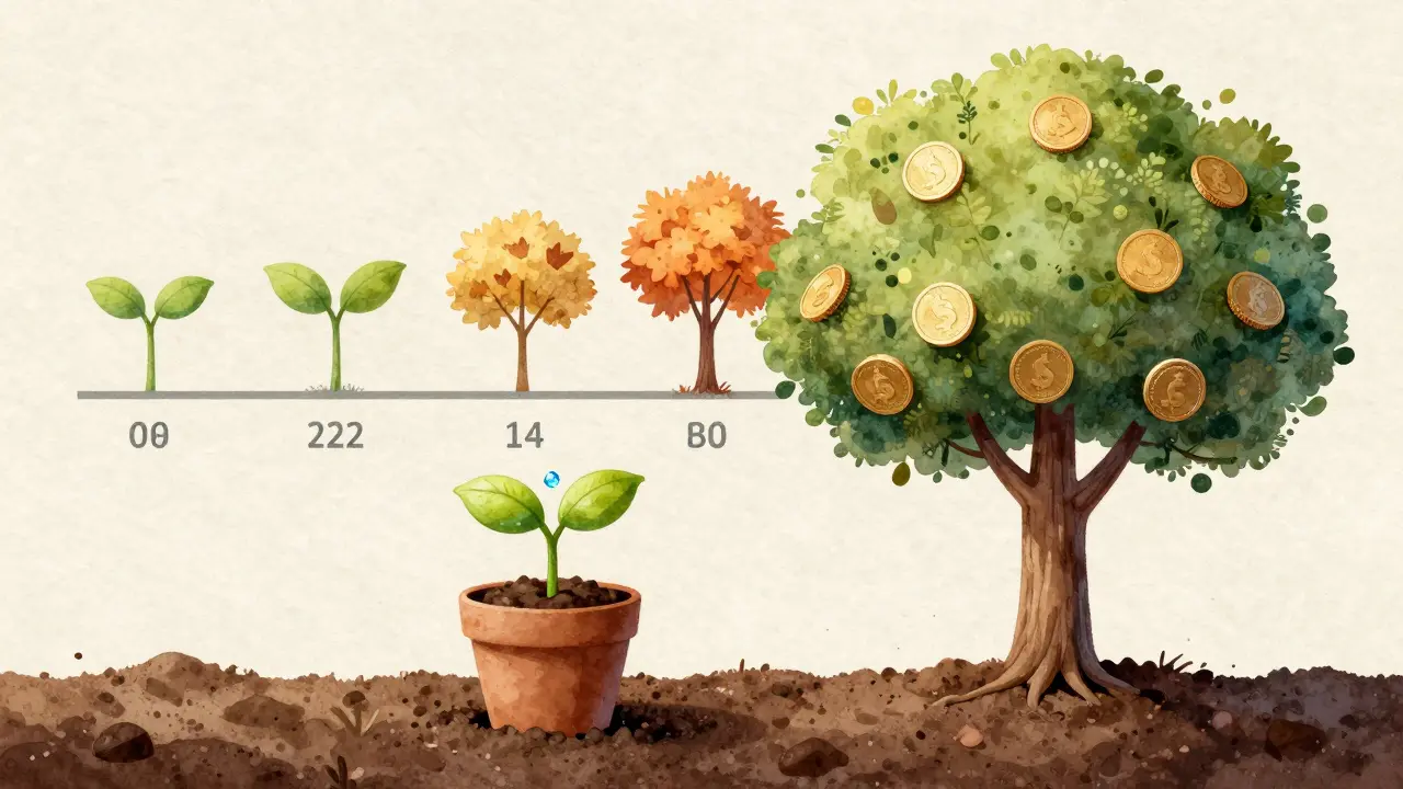 Seed growing into a coin-bearing tree over time