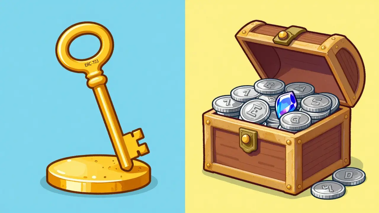 Split illustration comparing unique ERC-721 keys with bulk ERC-1155 gaming assets.
