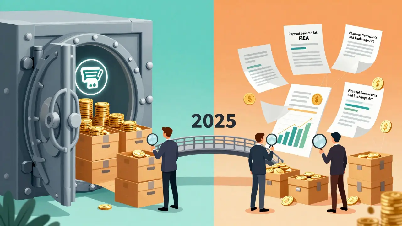 Split illustration showing PSA vault and FIEA securities transformation