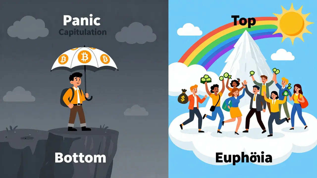 Split scene showing panic at market bottom and euphoria at market top.