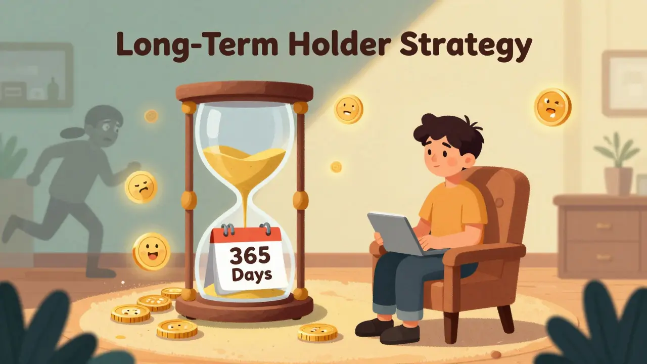Storybook art of a crypto holder waiting patiently for the 365-day tax-free period.