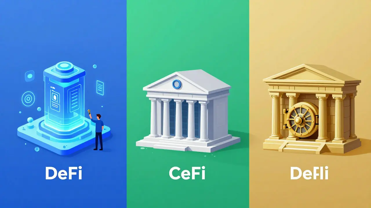Three lending models: DeFi, CeFi, and banks in storybook style