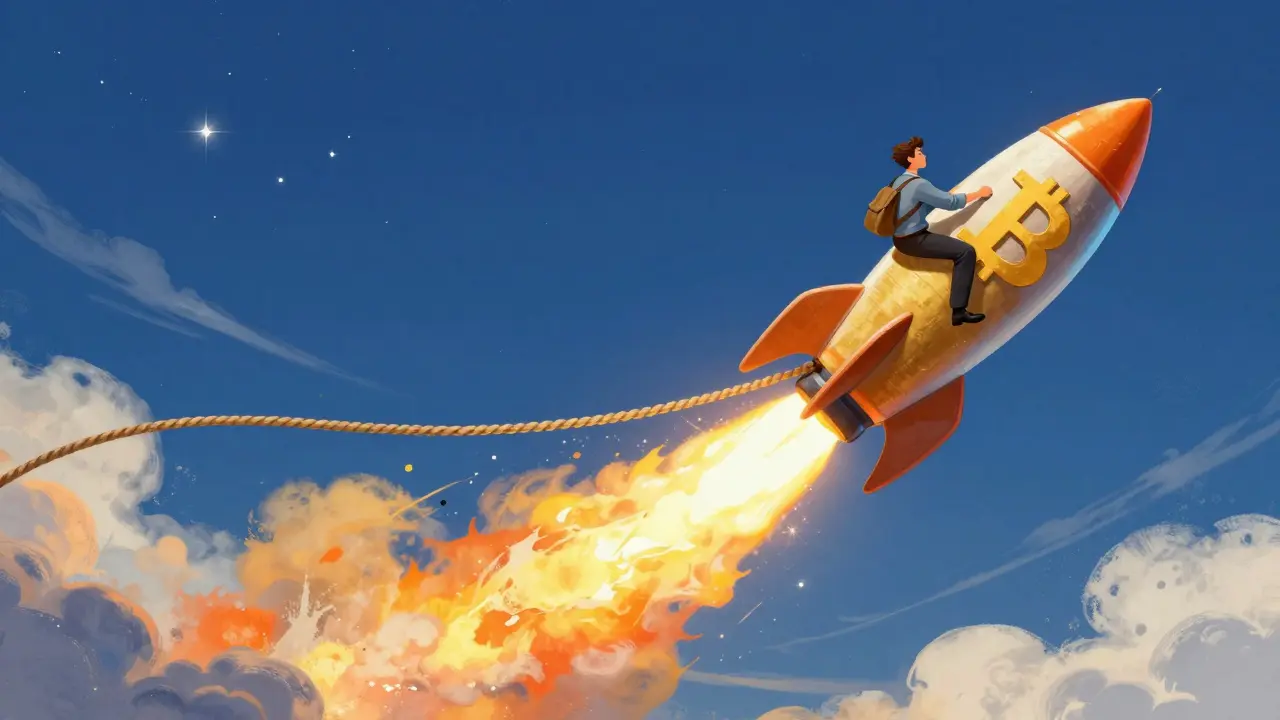 Trader riding a rocket with a trailing stop-loss rope securing gains