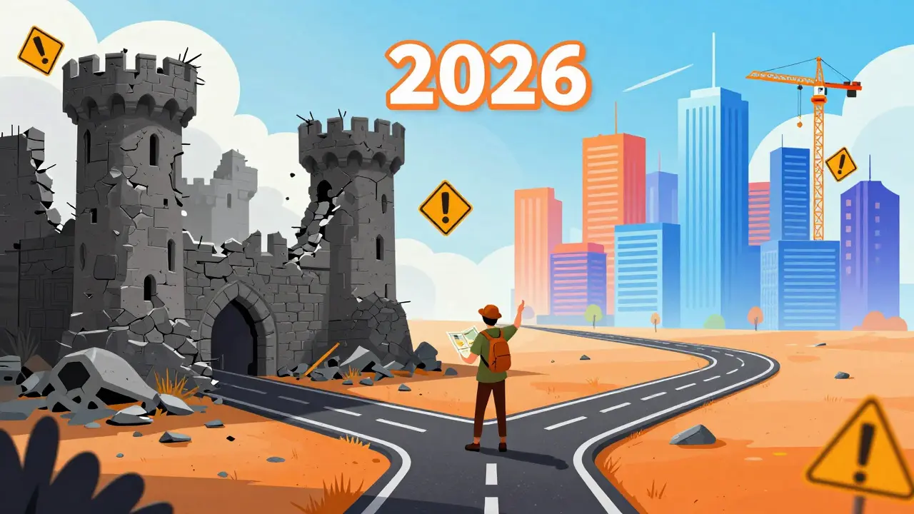 Traveler choosing between ruined castle and bright modern city path