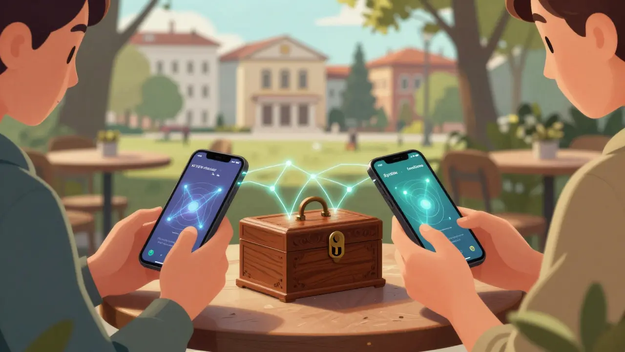 Two people trading crypto via phones with escrow box on table