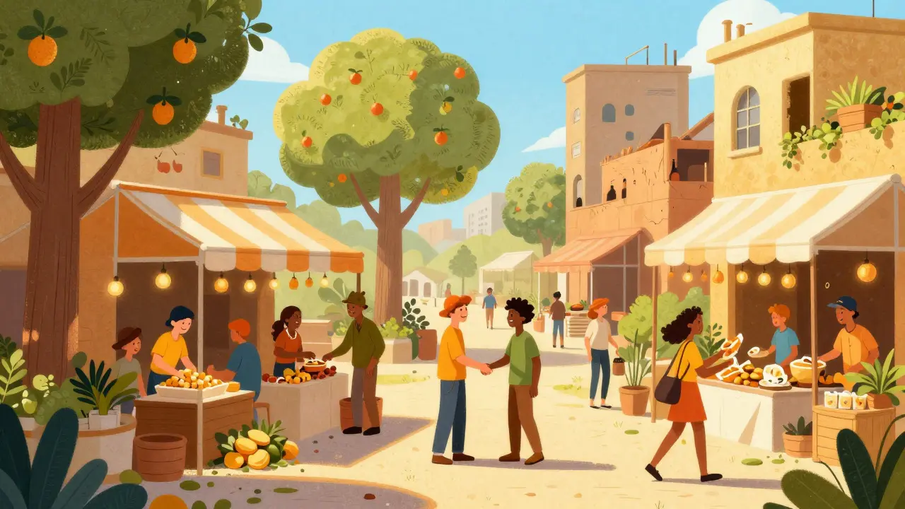 Vibrant, busy marketplace with healthy trees, representing safe and active DEX alternatives.