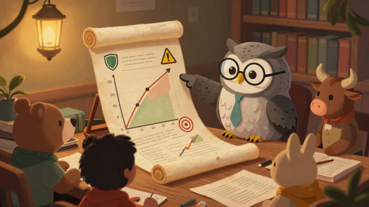 Wise owl analyst teaching animal students about market cycles and metrics.