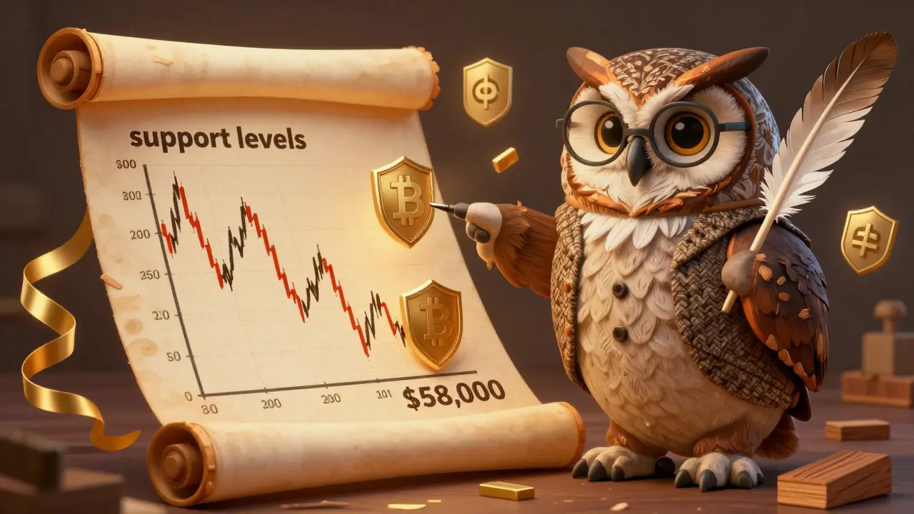 Wise owl pointing to support levels on a magical trading chart