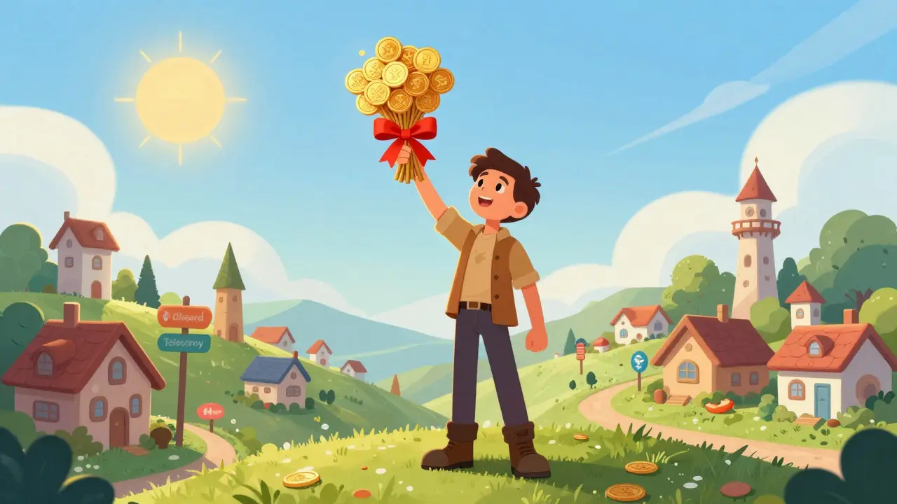 A character holding a bundle of tokens above a landscape of community hubs