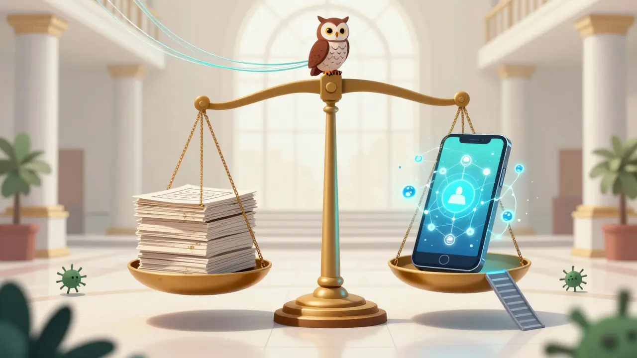 A scale balancing paper ballots against a secure digital voting system