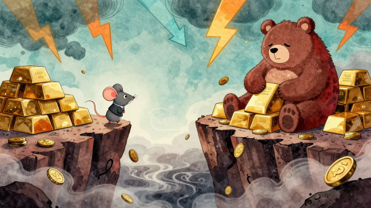 A small mouse standing on a crumbling coin cliff overlooking a dark abyss