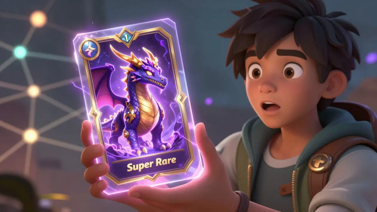 Adventurer holding a holographic card with a rare dragon NFT