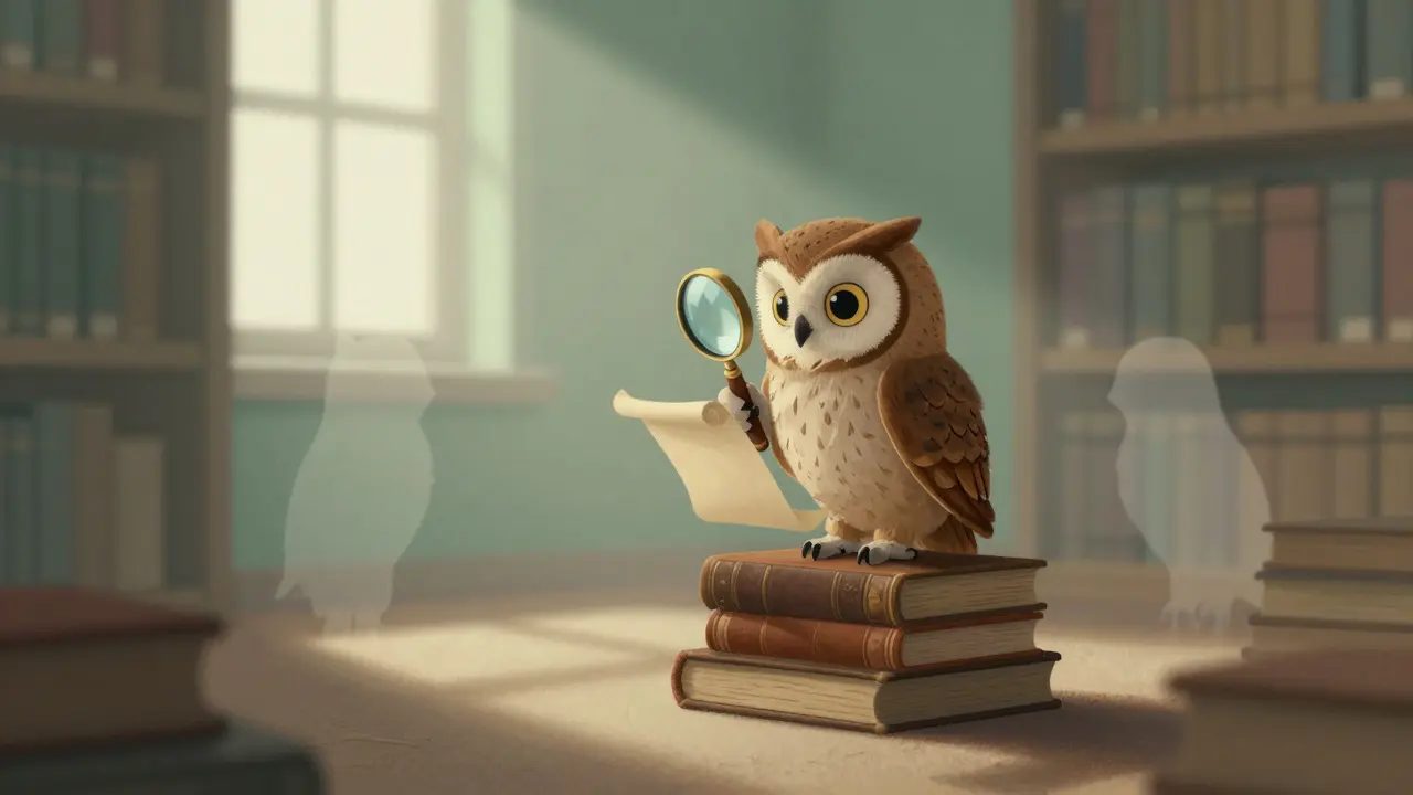 An owl with a magnifying glass inspecting a blank scroll in a quiet library