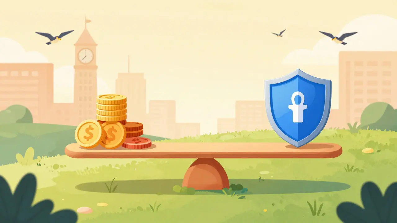 Balanced scale with coins and a shield on a grassy hill under a sunny sky