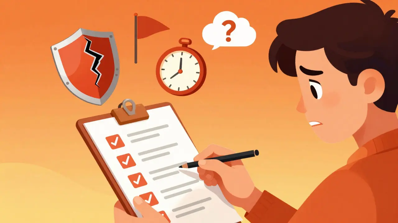 Cartoon character reviewing red flags like broken shields and clocks, symbolizing risks in unverified platforms.