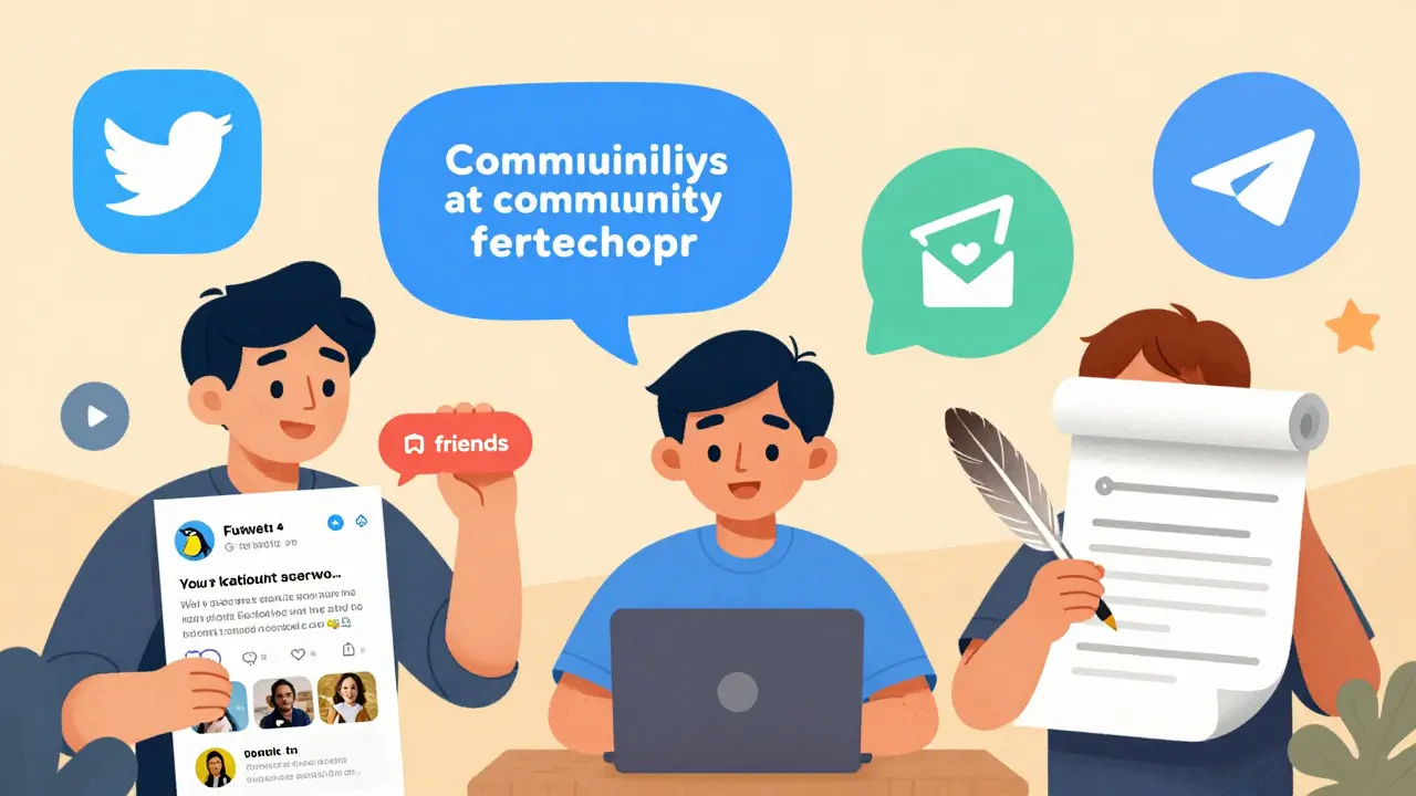 Cartoon characters doing social media tasks for airdrop