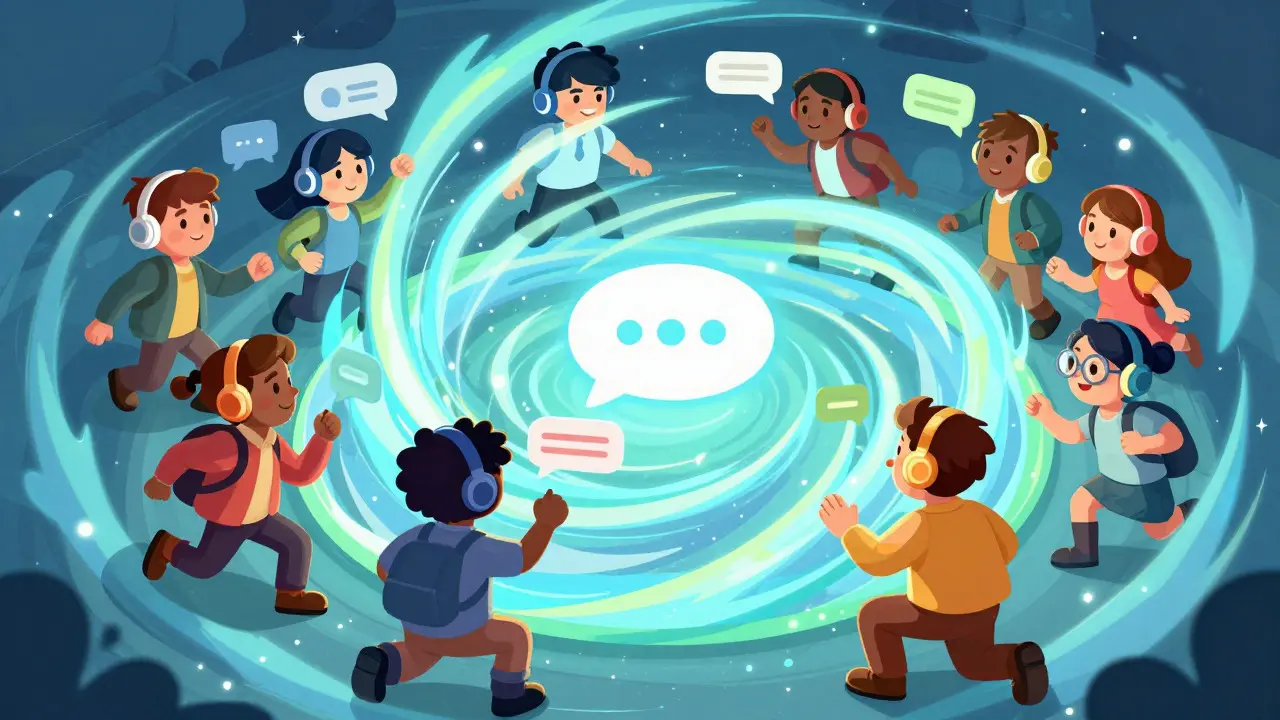 Cartoon characters interacting with a magical portal representing community engagement