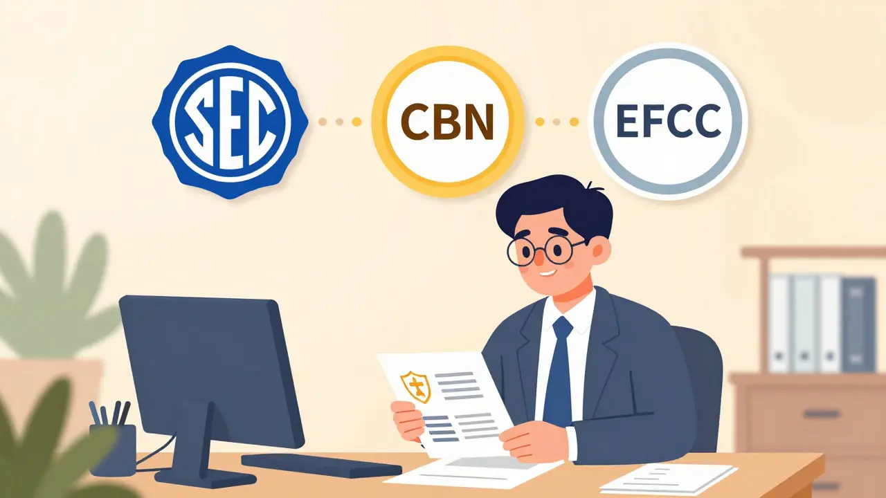 Cartoon showing regulatory agencies coordinating to ensure safe crypto exchanges.