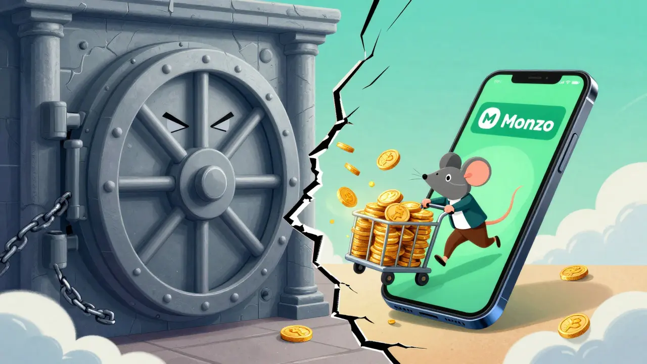Cartoon split view of a locked bank vault versus an open smartphone for crypto transfers