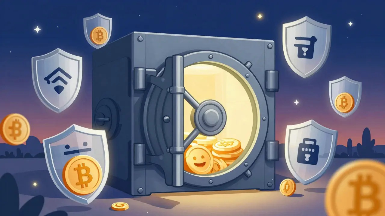 Cartoon vault with glowing shields protecting cryptocurrency tokens