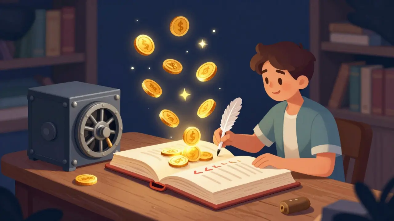 Character collecting glowing tokens from a magical book