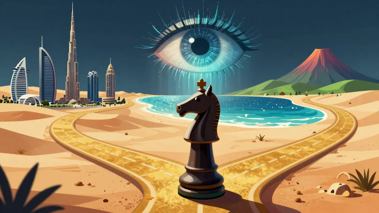 Chess piece at a crossroads choosing between Dubai, Cayman, and El Salvador under a data eye.