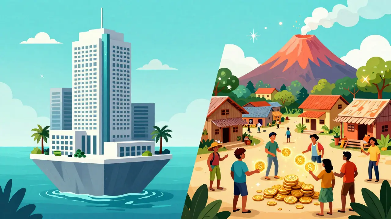 Contrast between Cayman institutional finance and El Salvador's grassroots Bitcoin adoption.