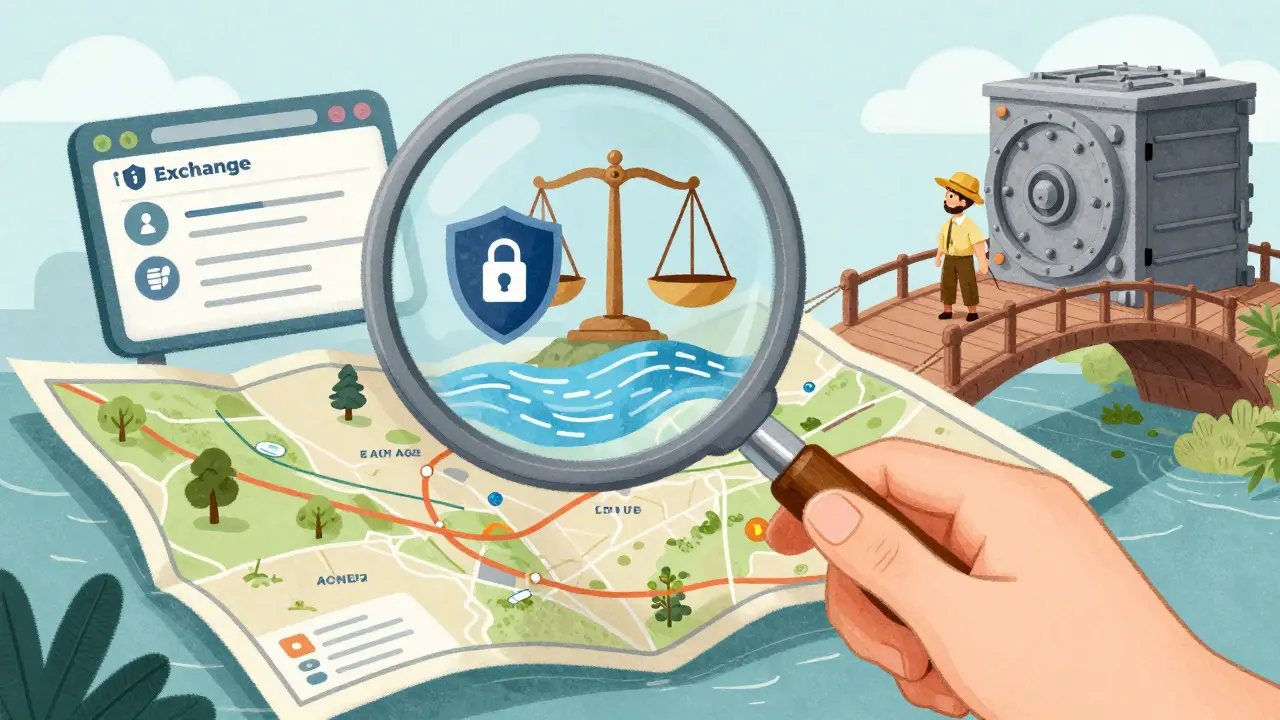 Explorer inspecting exchange security and liquidity details with a magnifying glass