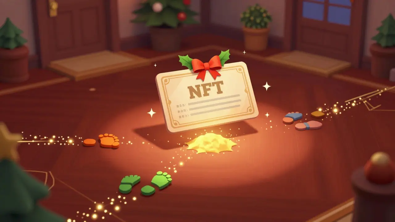 Festive virtual property deed surrounded by glowing footprints representing passive income streams