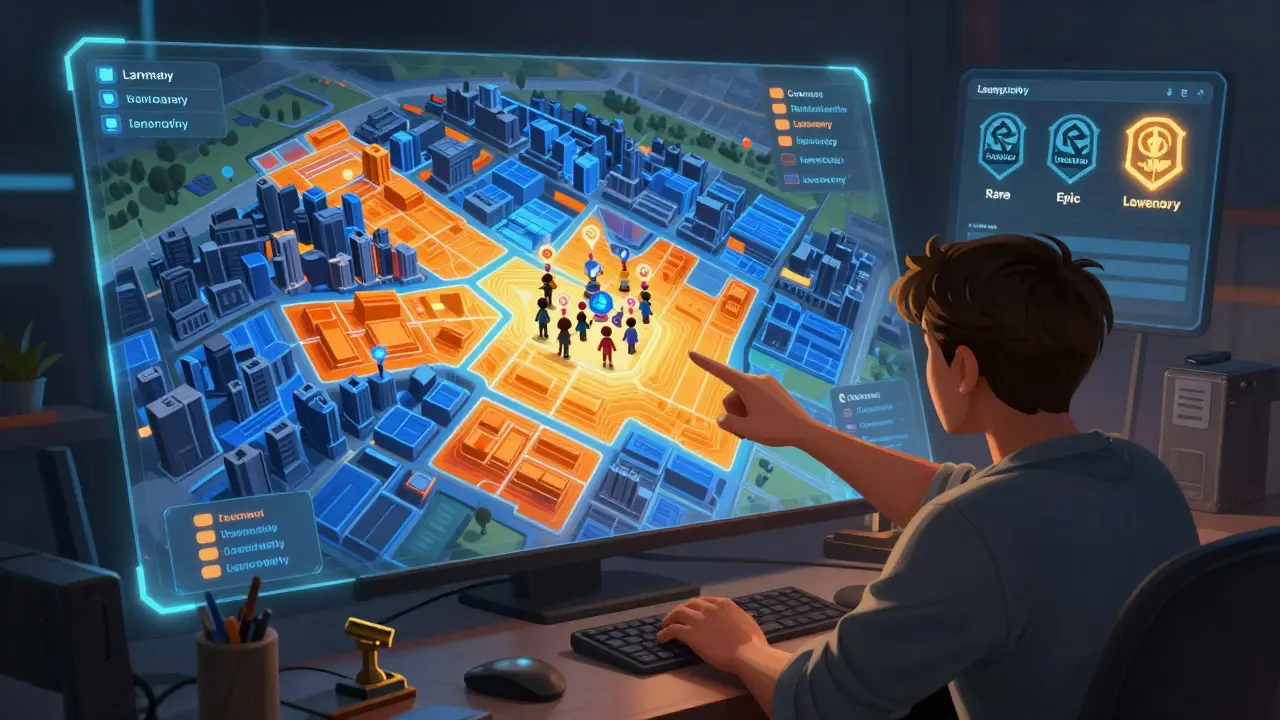 Gamer analyzing a holographic city map with heatmaps to optimize virtual land location