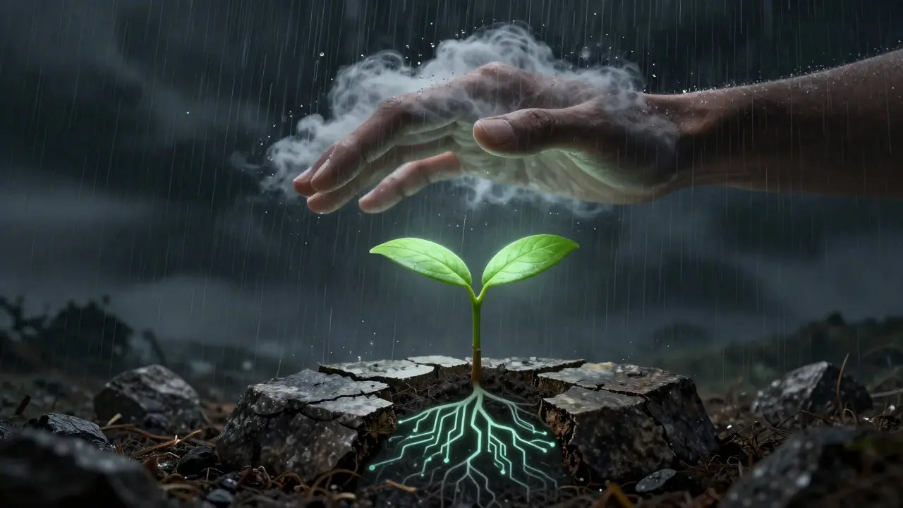 Glowing seedling growing from stone under a protective cloud