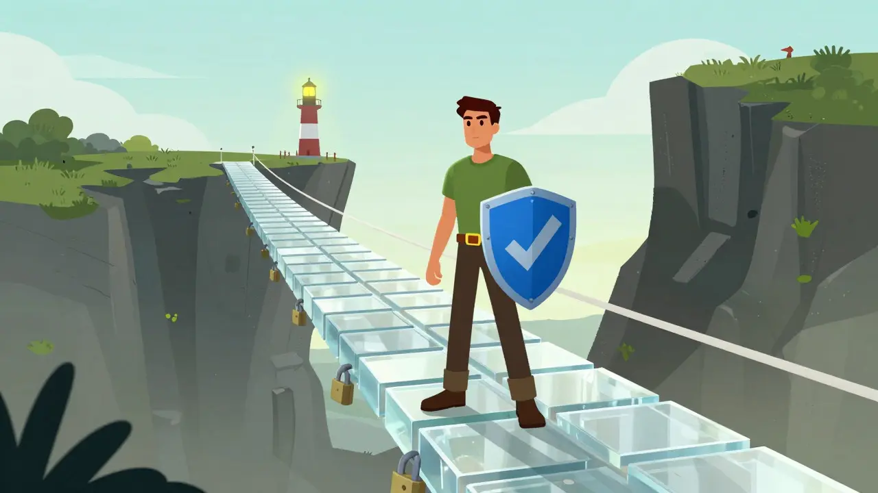 Heroic figure crossing a safe bridge toward a lighthouse, leaving danger behind