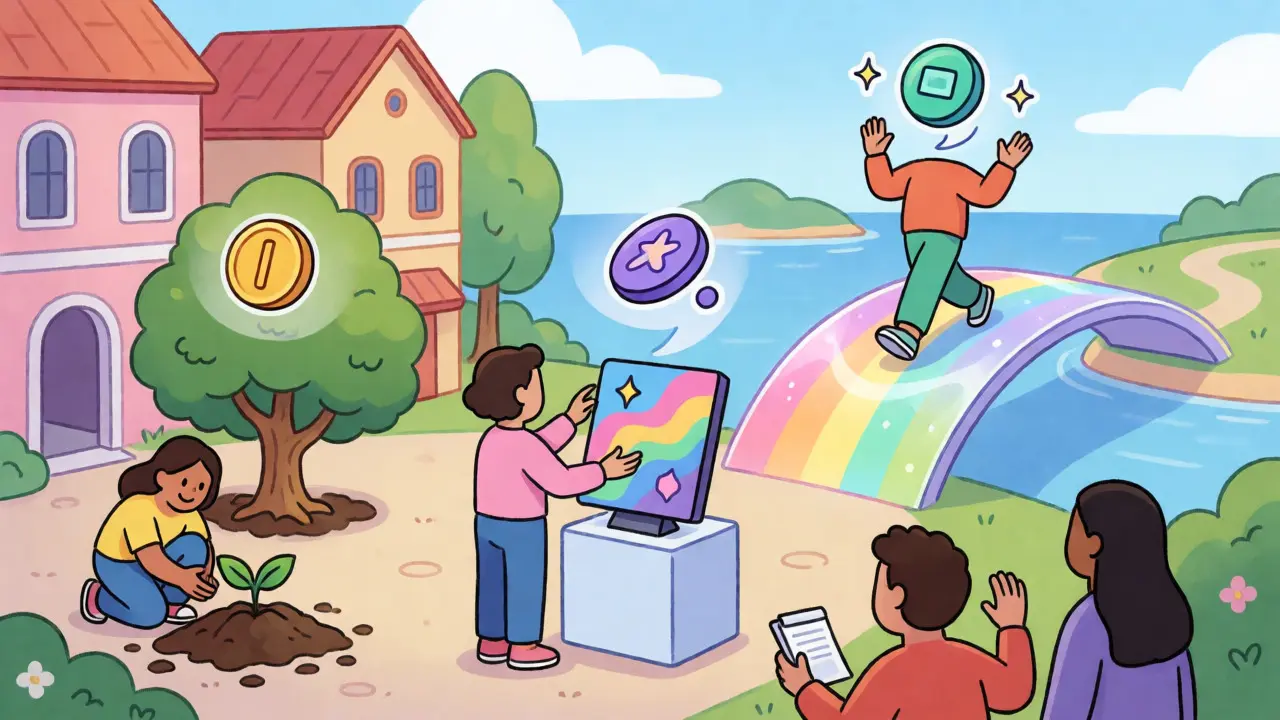 Illustrated town square featuring token trees, NFT art, and a rainbow bridge.