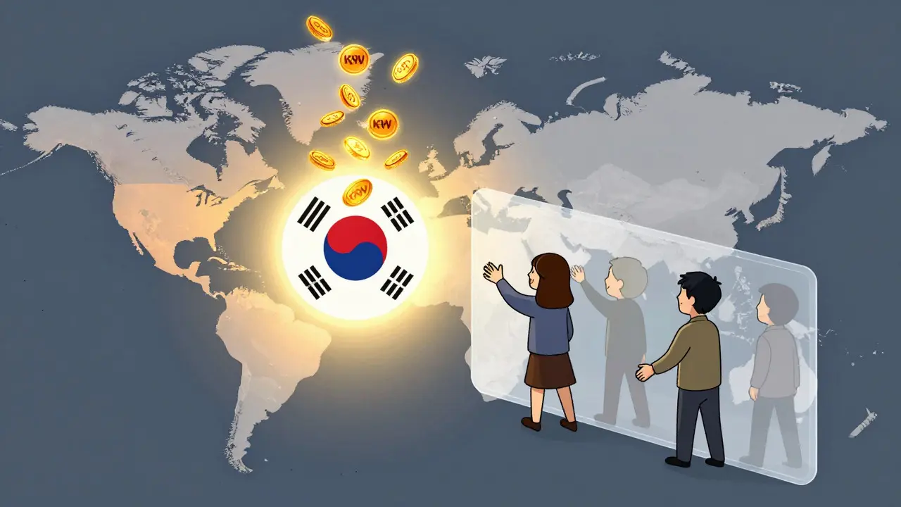 Illustration contrasting local Korean access with international barriers