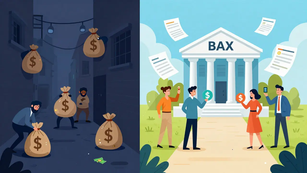 Illustration contrasting risky unregulated crypto use with safe, compliant banking.