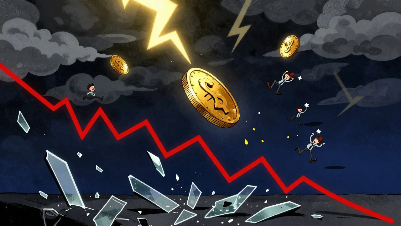 Illustration of a golden coin crashing down through a stormy sky