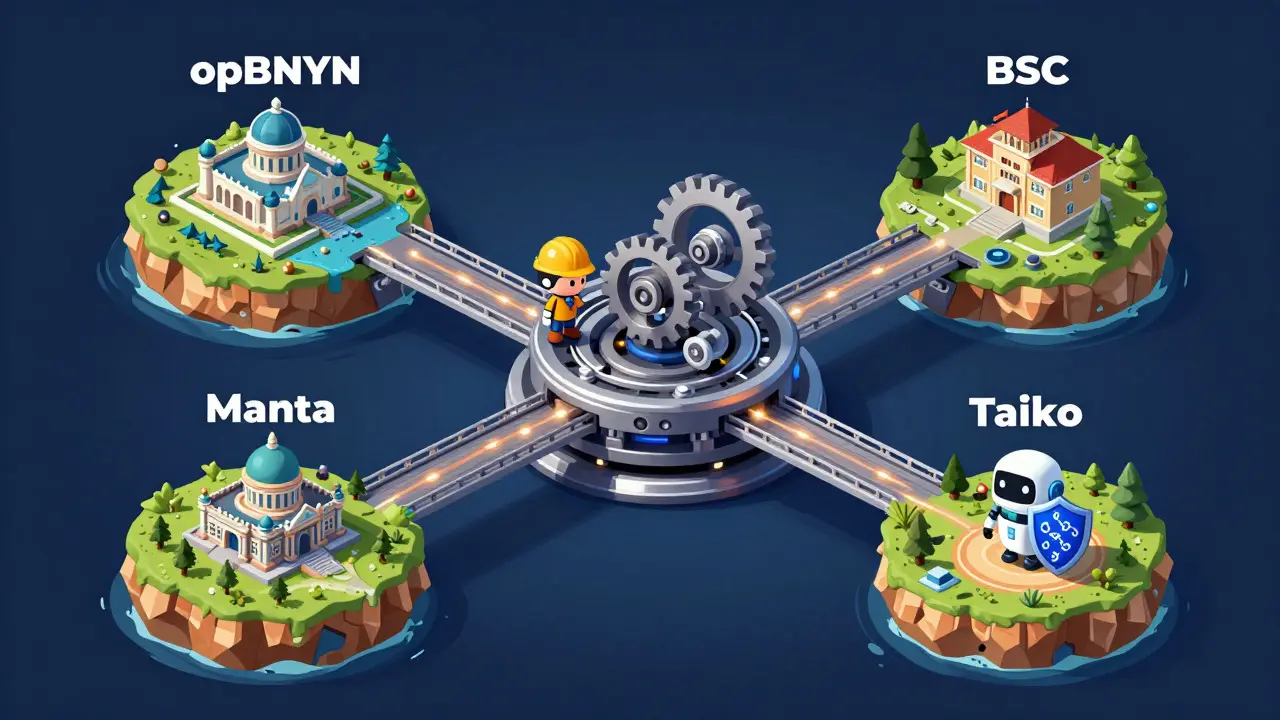 Illustration of a multi-chain network bridge with a technician inspecting security gears