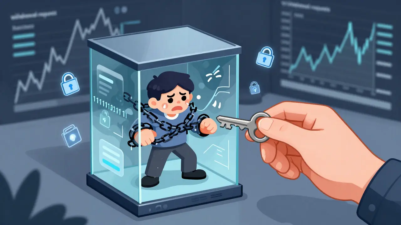 Illustration of a person trapped in a glass box with digital chains blocking exit
