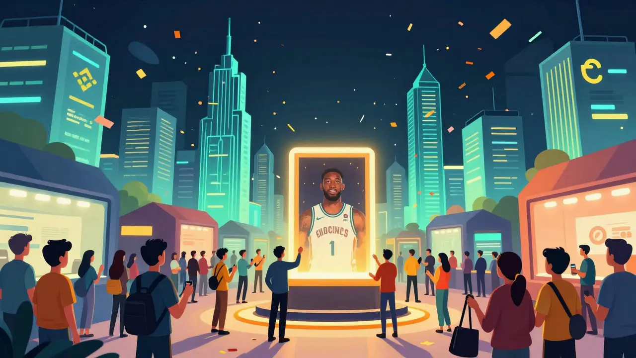 Illustration of a vibrant digital marketplace with people celebrating