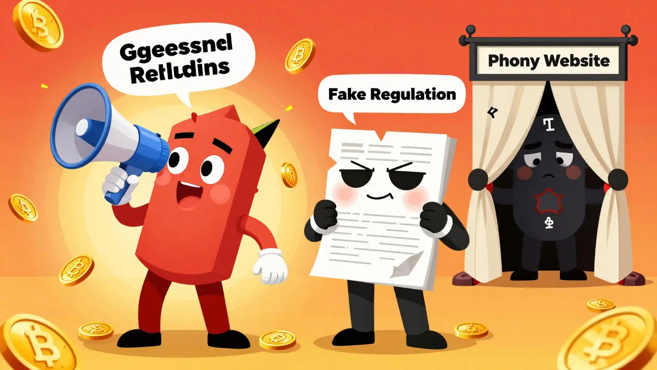 Illustration of crypto scam red flags like fake ads and lies