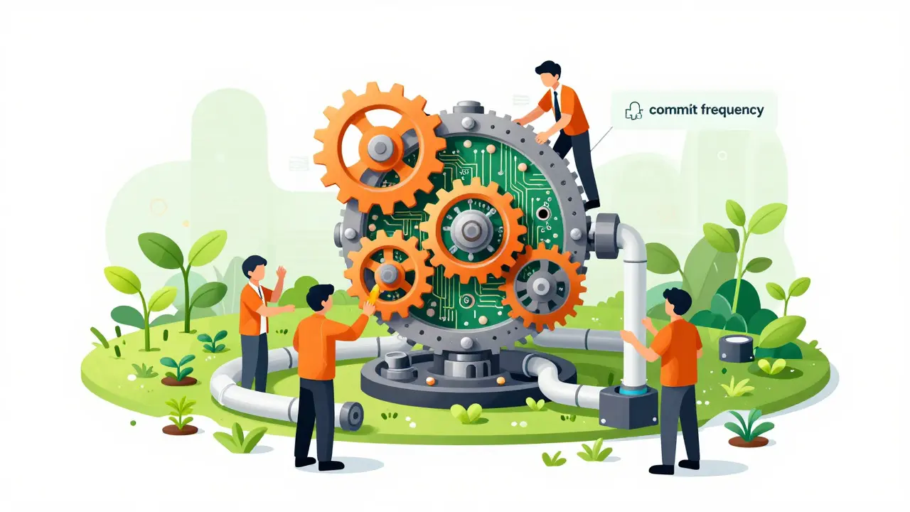 Illustration of engineers maintaining a complex clockwork machine with growing plants
