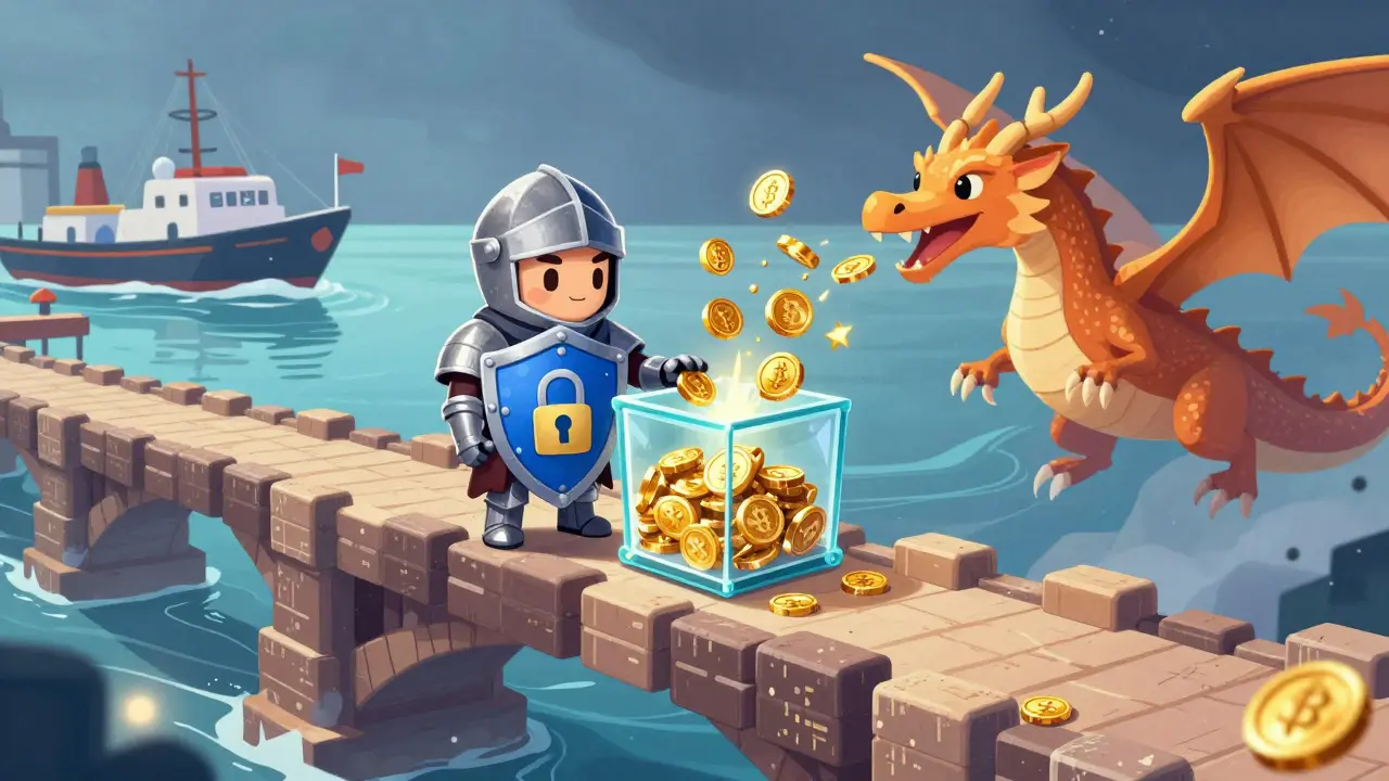 Knight receiving golden coins from a dragon into a secure glass box on a digital bridge