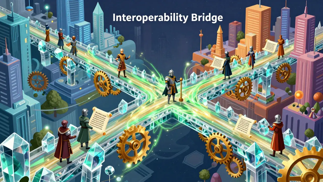Magical bridge connecting two blockchain cities with guardians