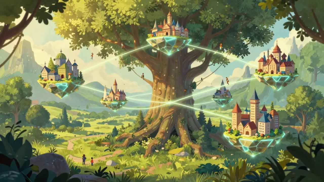Magical tree with branching shards representing sharded blockchain