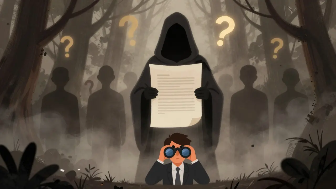 Mysterious hooded figure hiding behind fog with question marks