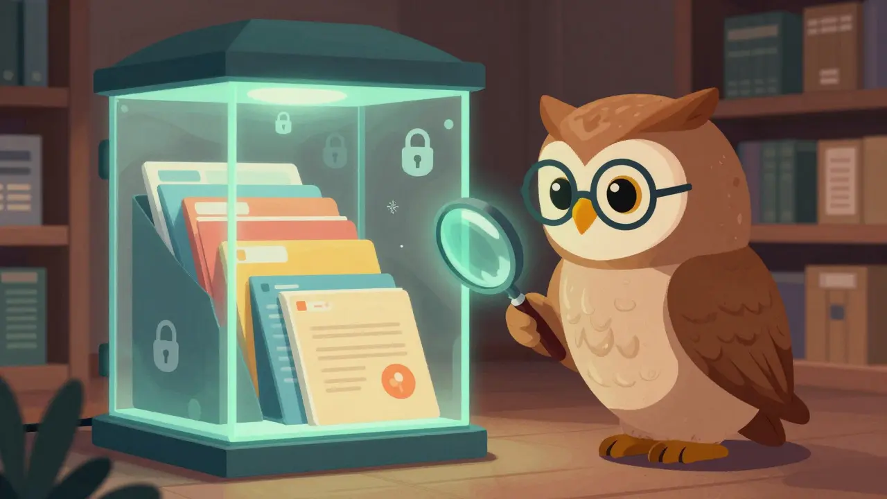 Owl inspecting medical records in a secure glass vault