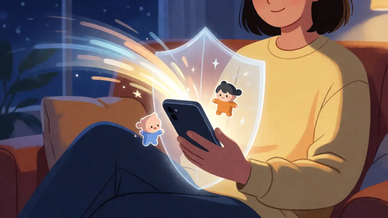 Person on sofa using a glowing phone with speed and security visual effects.